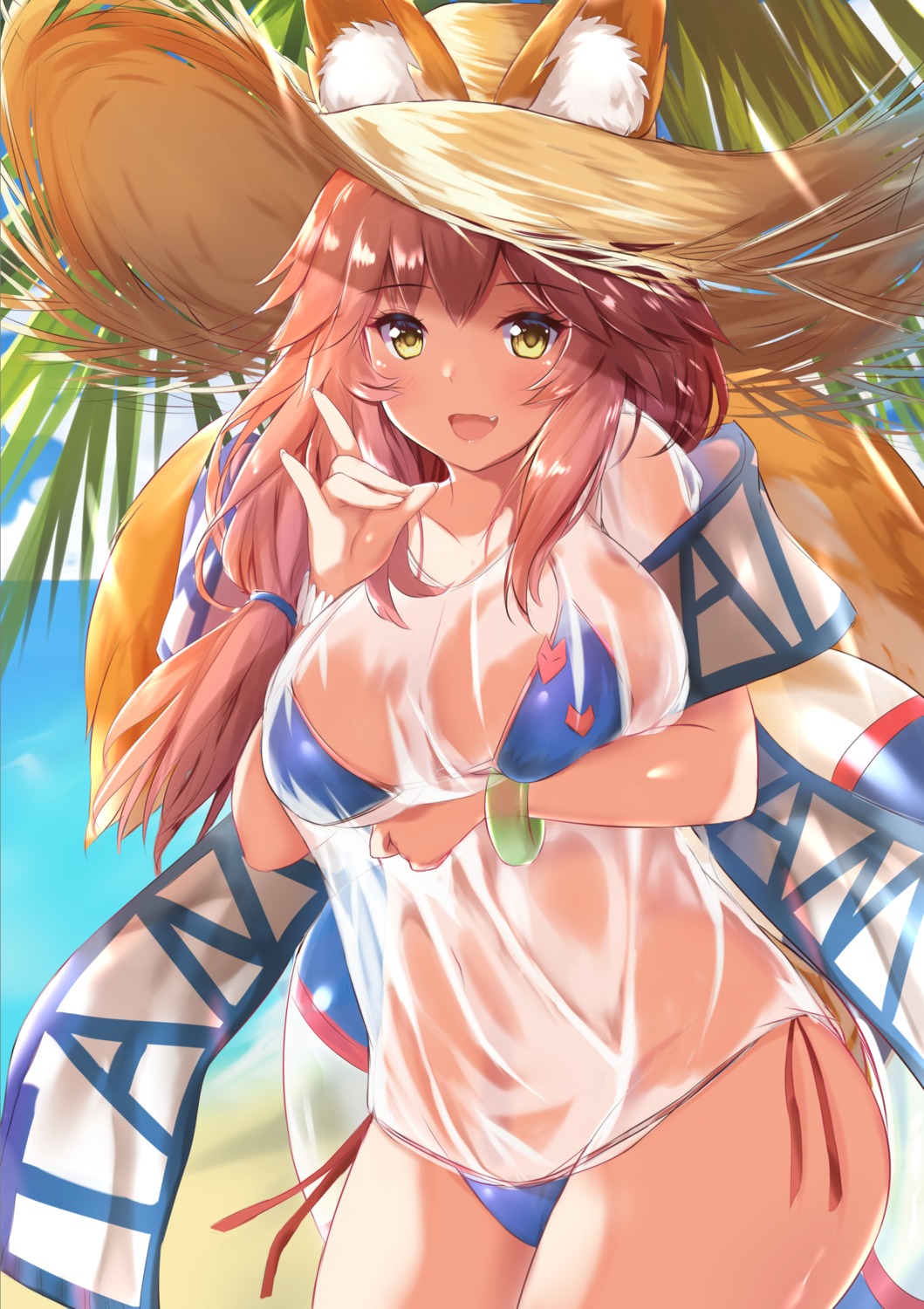 animal_ears, bikini, breast_hold, fate/grand_order, john_zhang, see_through, swimsuits, tail, tamamo_no_mae
