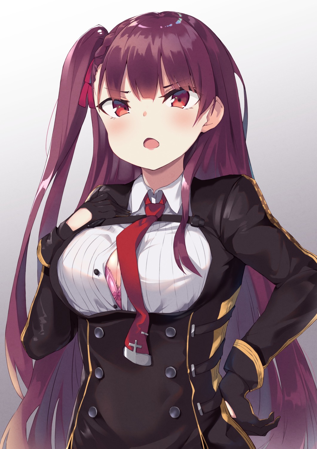 bra, bushinofuji, cleavage, girls_frontline, open_shirt, wa2000_(girls_frontline), wardrobe_malfunction