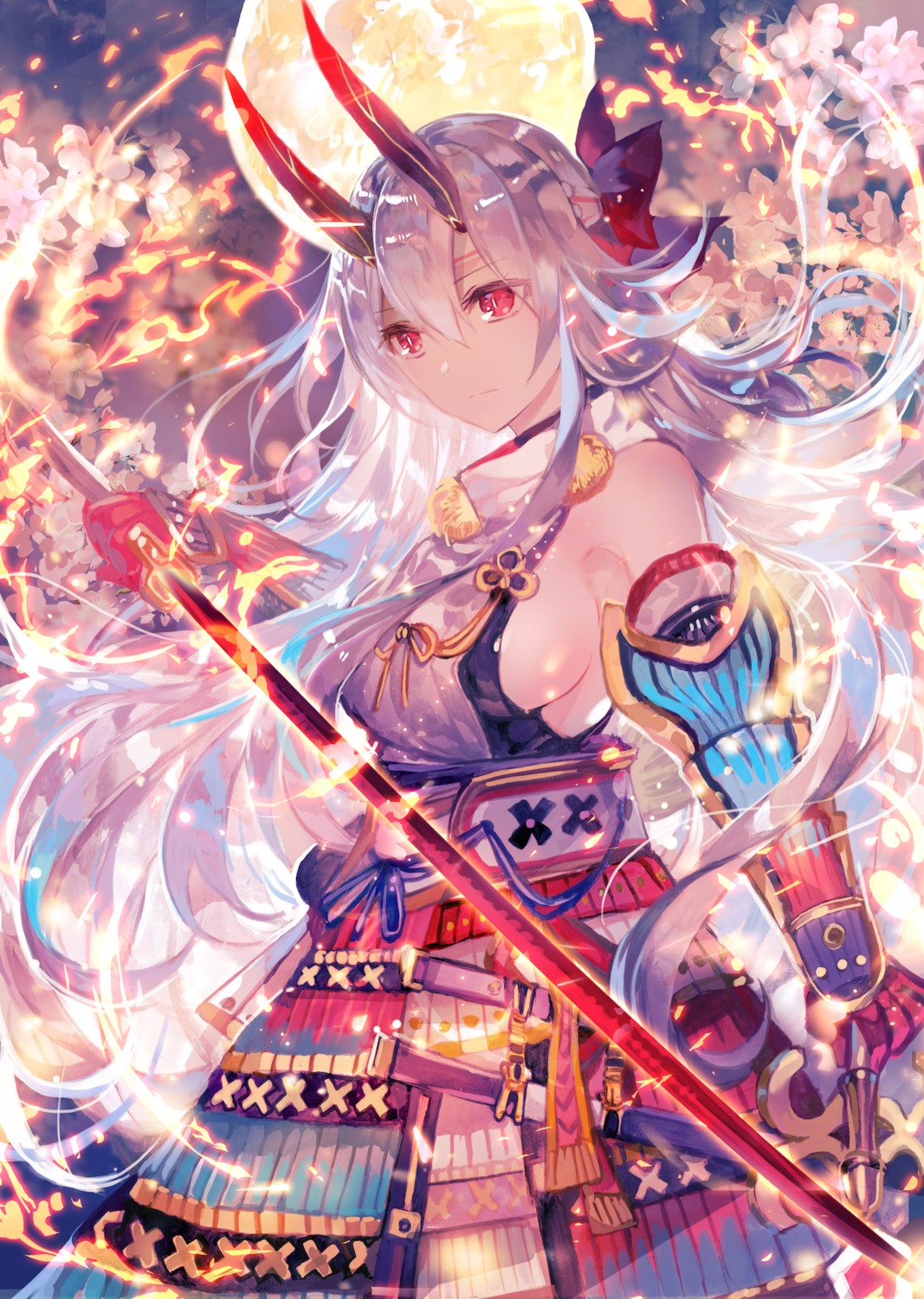 armor, fate/grand_order, horns, japanese_clothes, rioka_(southern_blue_sky), sword, tomoe_gozen_(fate)