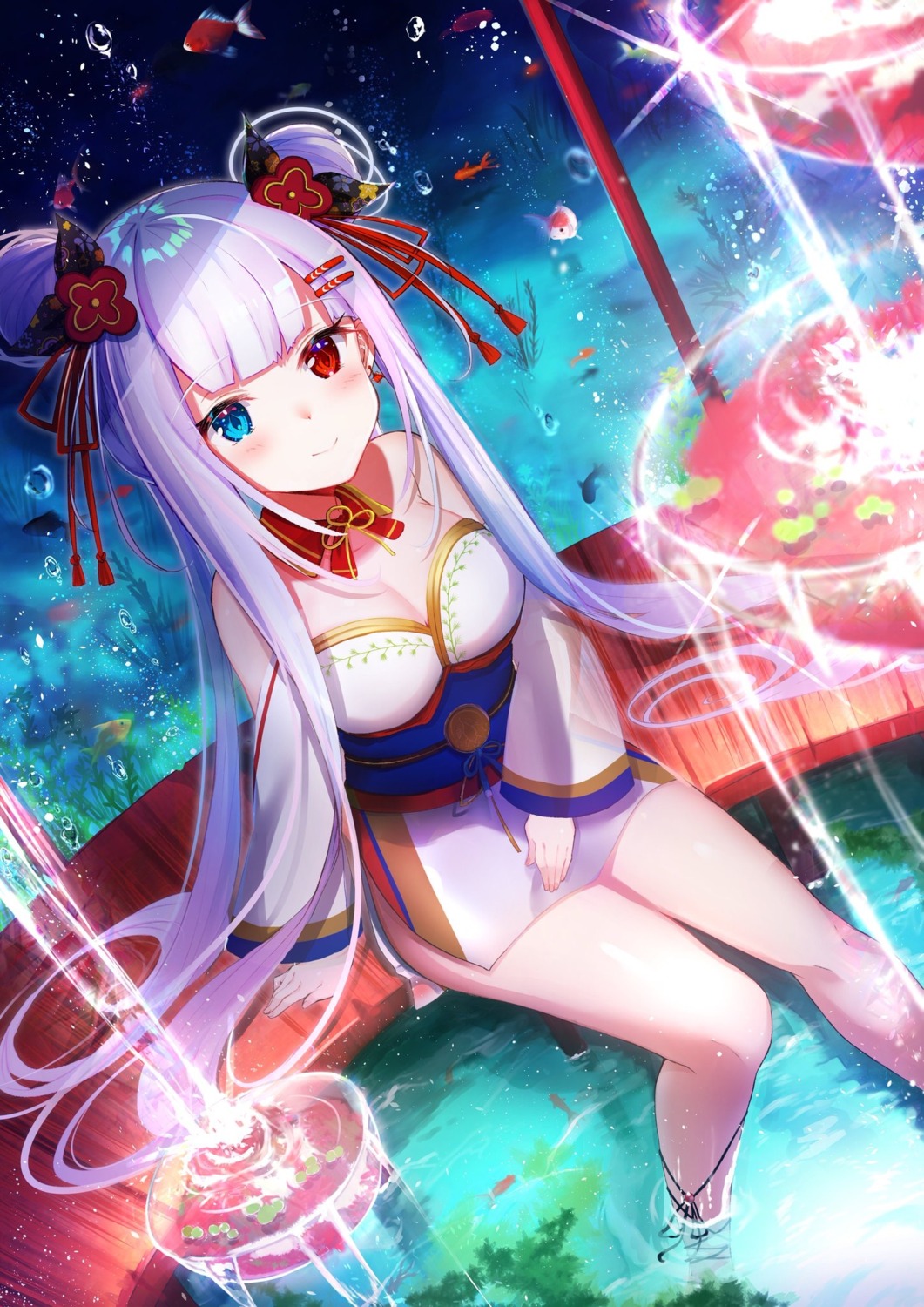 asian_clothes, cleavage, felnemo, heterochromia, wet