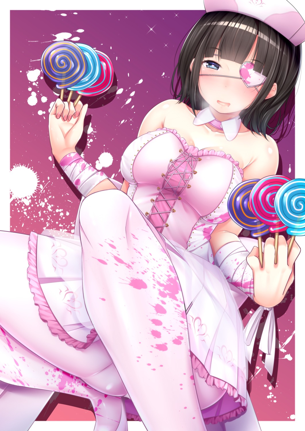 bandages, cleavage, eyepatch, halloween, nijisanji, nurse, pantyhose, suzuka_utako