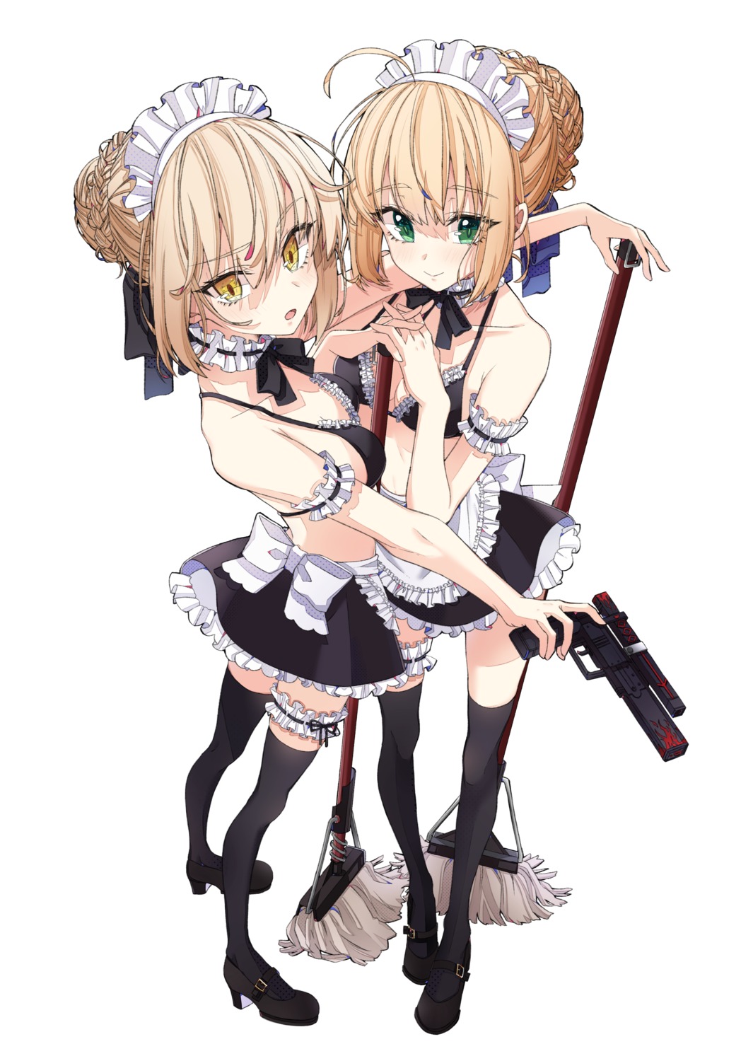artoria_pendragon_(fate), artoria_pendragon_alter_(fate), bikini_top, cleavage, fate/grand_order, garter, gun, heels