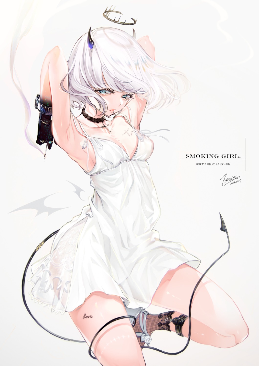 dress, horns, nanase_miri, see_through, smoking, tail, tattoo