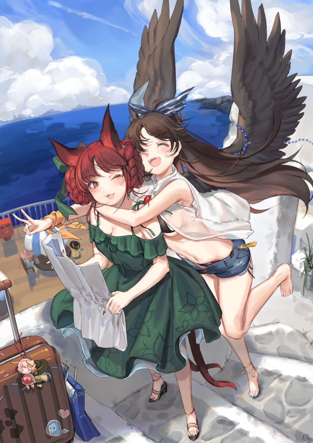 animal_ears, bikini, cleavage, dress, heels, kaenbyou_rin, open_shirt, reiuji_utsuho