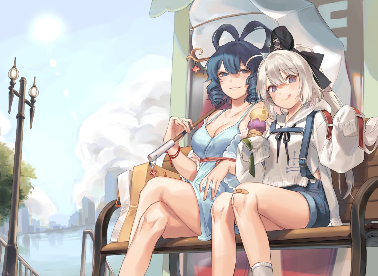 cleavage, dress, kaku_seiga, mononobe_no_futo, shan, sweater, touhou, umbrella