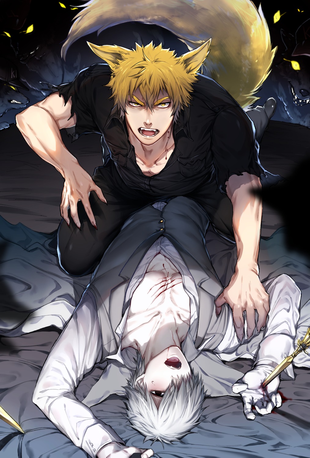 animal_ears, blood, hataraku_saibou, killer_t_(hataraku_saibou), male, tail, torn_clothes, tsunami_(artist), u-1146, weapon, yaoi