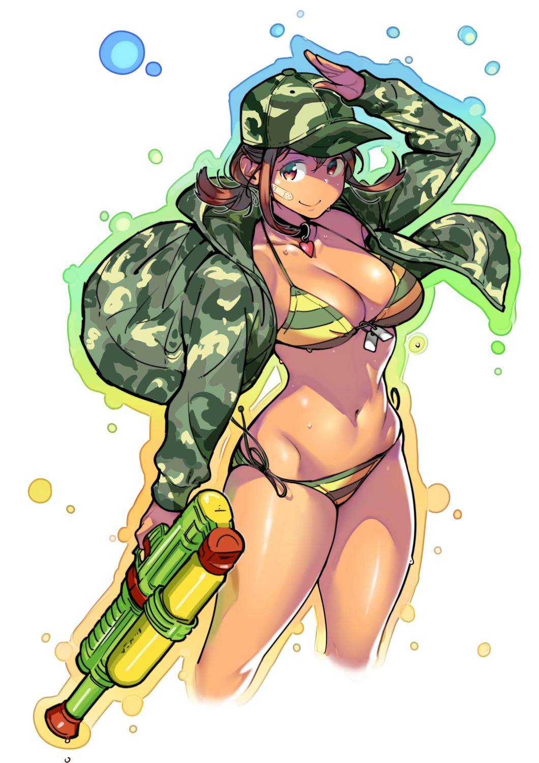 bandaid, bikini, cleavage, gun, open_shirt, swimsuits, twinpoo