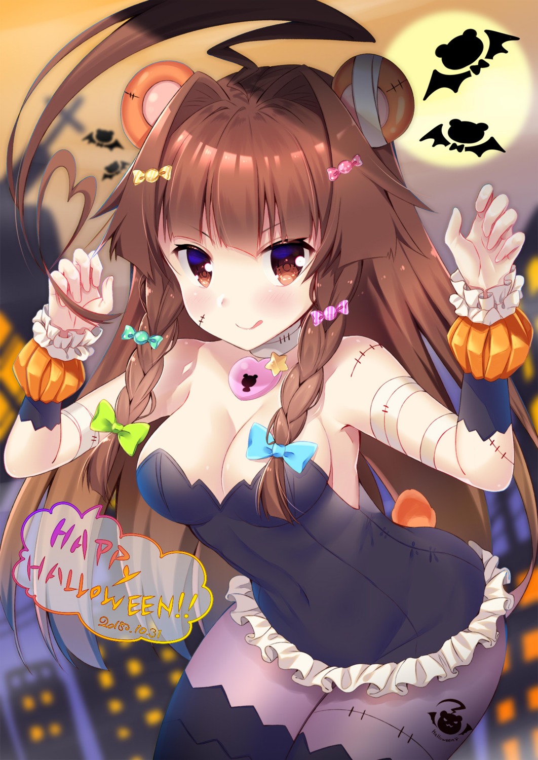 animal_ears, bandages, cleavage, halloween, kantai_collection, ko_yu, kuma_(kancolle), pantyhose