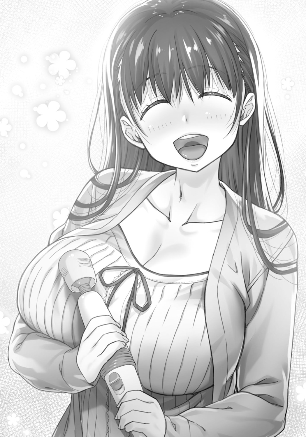 breast_hold, choppiri_toshiue_demo_kanojo_ni_shite_kuremasu_ka?_~tamaranaku_itooshiku_tonikaku_toutoi~, cleavage, monochrome, nanase_meruchi, orihara_hime, vibrator