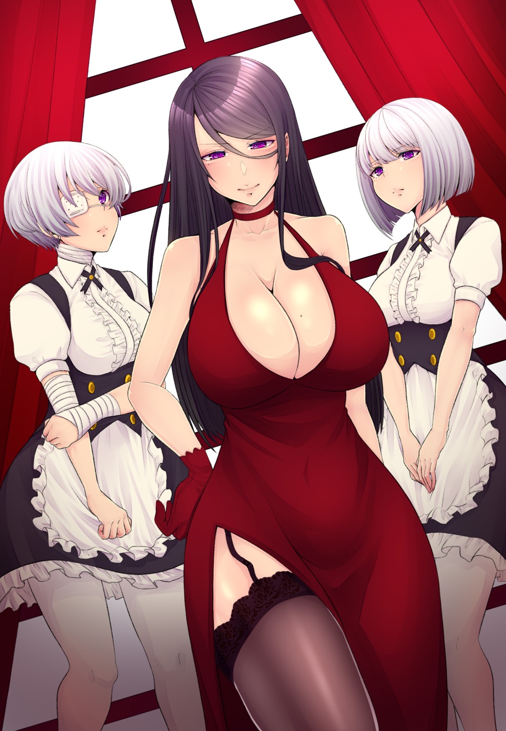 bandages, cleavage, dress, eyepatch, kira_kazuki, pantyhose, stockings, thighhighs
