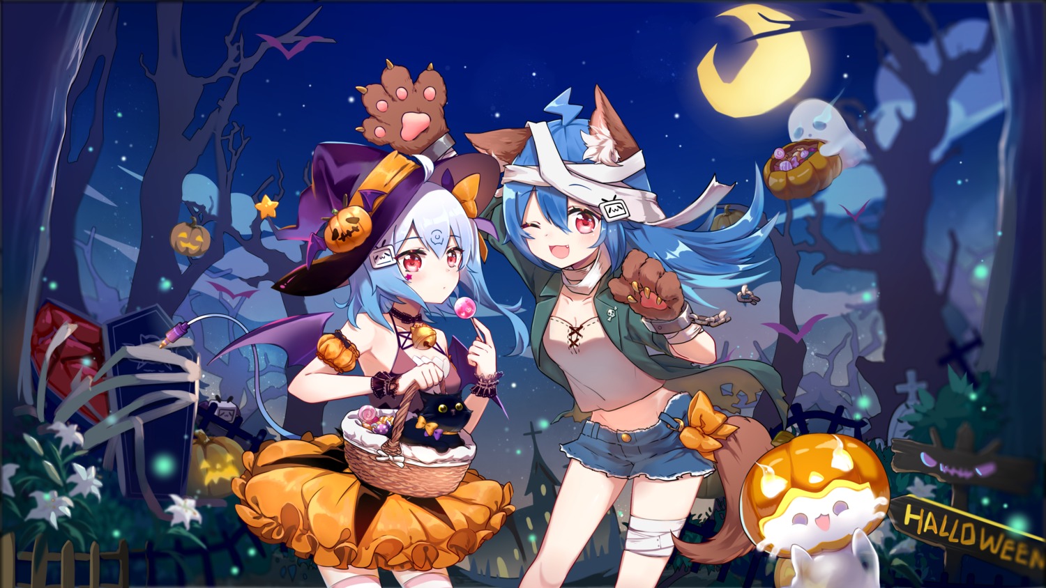 animal_ears, bandages, bili_bili_douga, bili_girl_22, bili_girl_33, cleavage, flot, halloween, tail, thighhighs, wallpaper, wings, witch