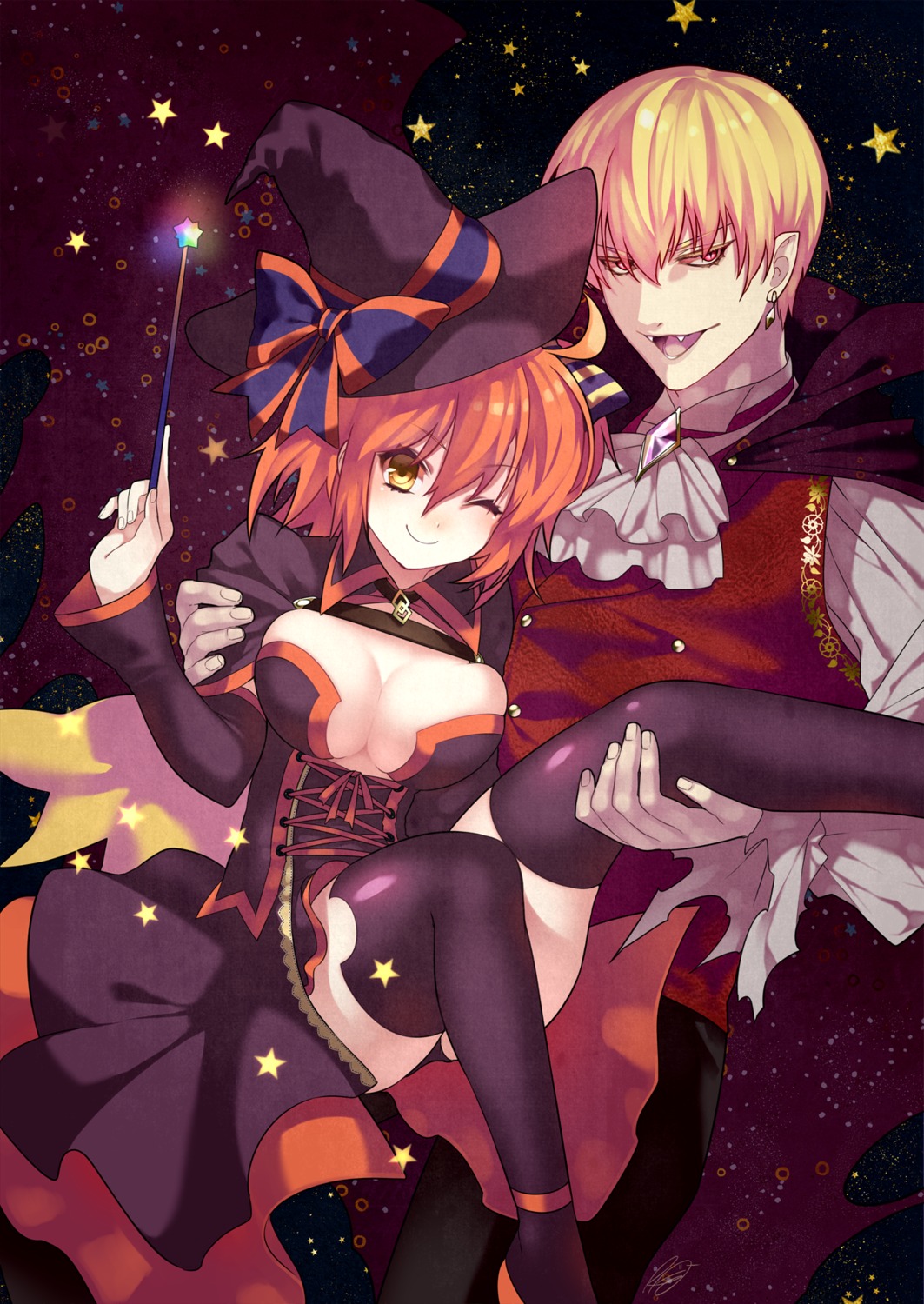 cleavage, fate/grand_order, fujimaru_ritsuka_(female), gilgamesh_(fate), halloween, no_bra, rkp, thighhighs