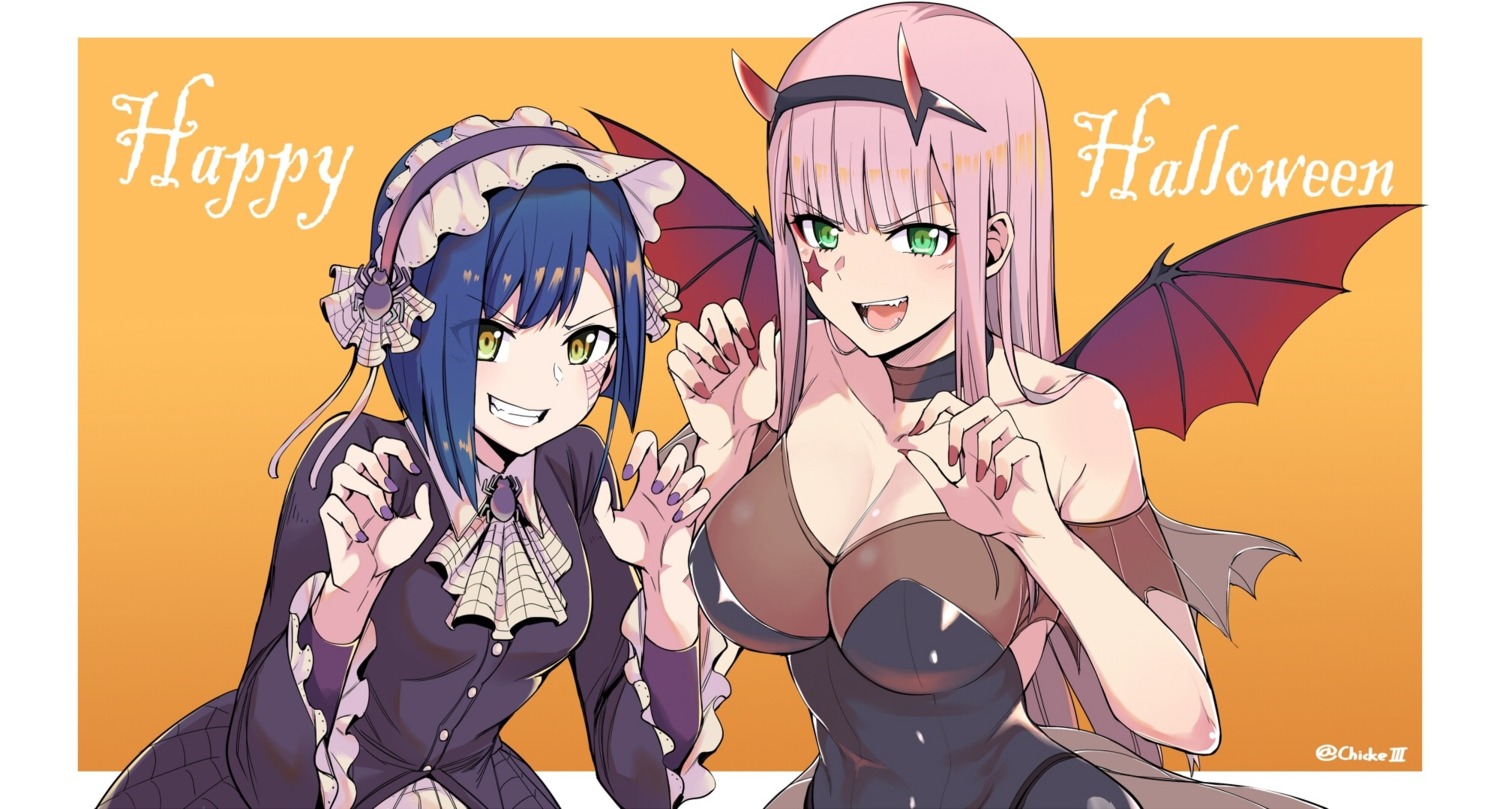 chicke_iii, cleavage, darling_in_the_franxx, dress, halloween, horns, ichigo_(darling_in_the_franxx), signed, wings, zero_two_(darling_in_the_franxx)