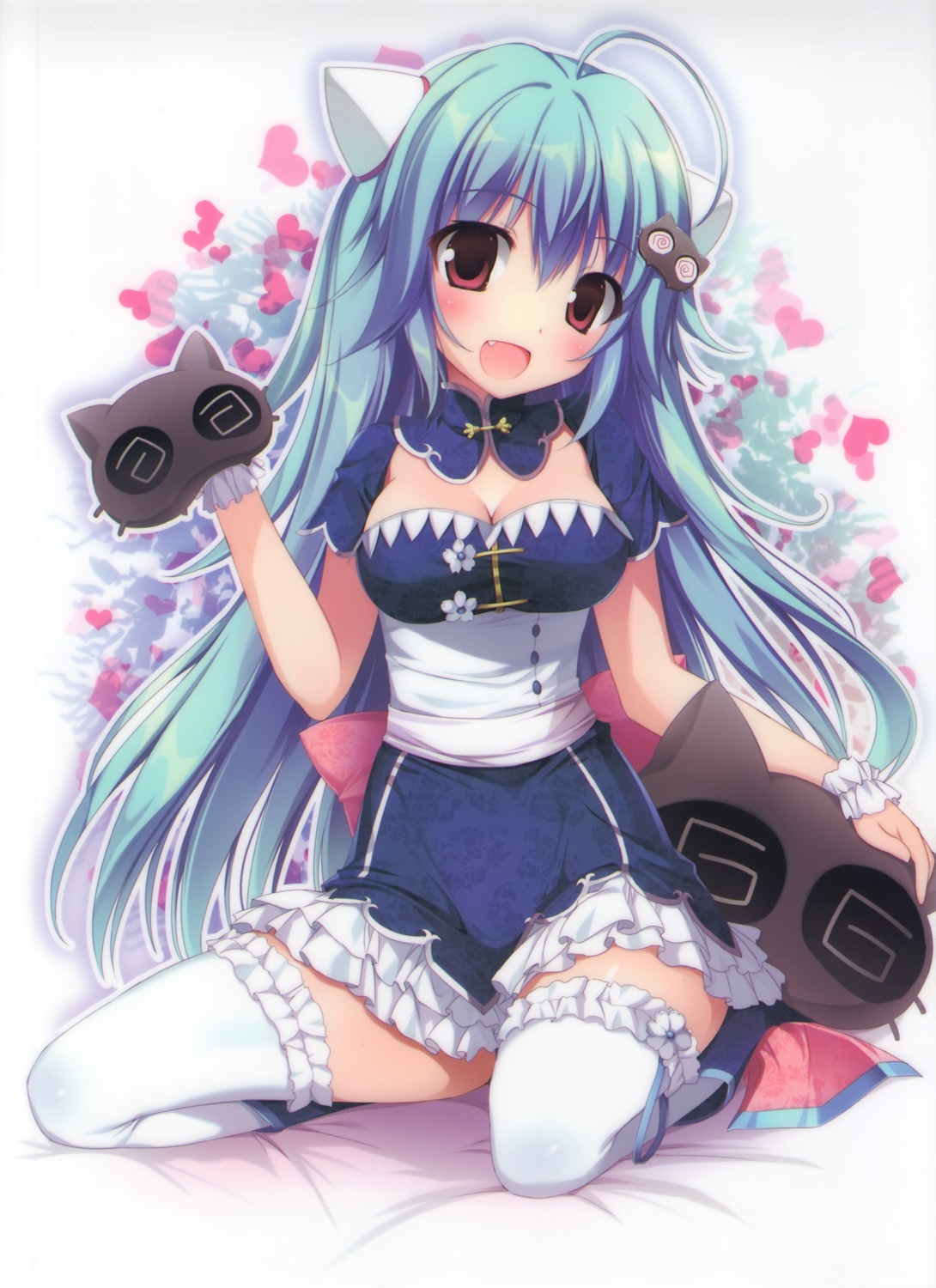 cleavage, dress, horns, karory, lashinbang, thighhighs