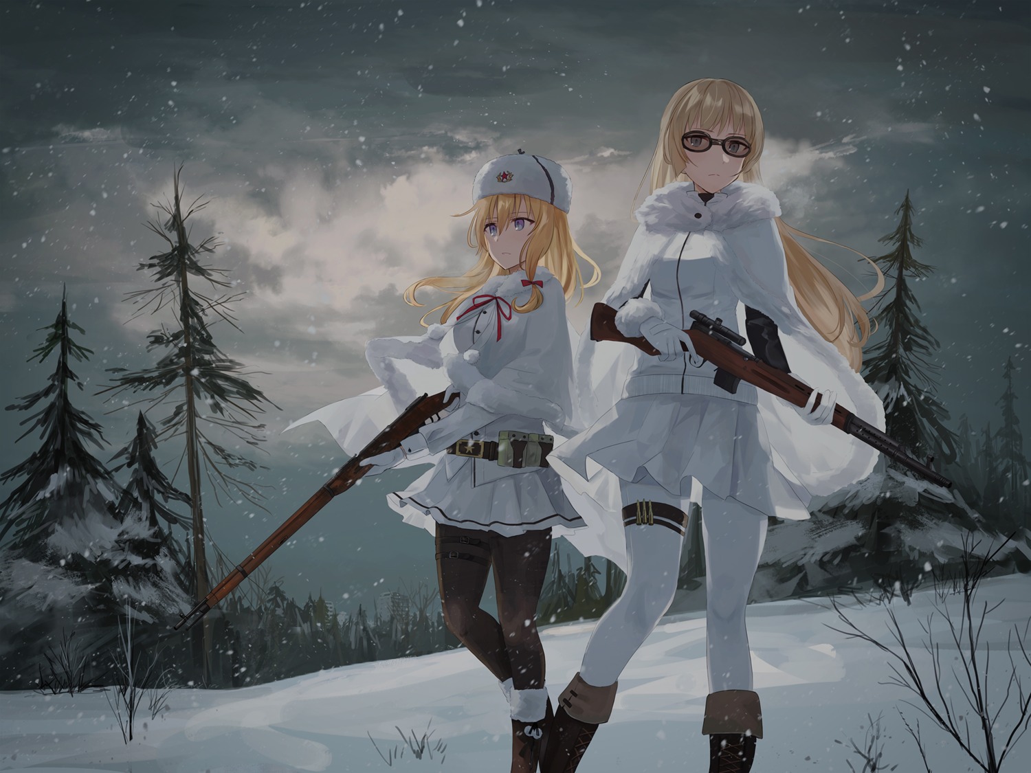 chihuri, garter, girls_frontline, gun, landscape, megane, mosin-nagant_(girls_frontline), pantyhose, svt-38_(girls_frontline)