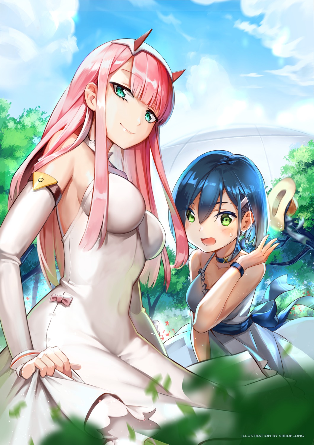 darling_in_the_franxx, dress, horns, ichigo_(darling_in_the_franxx), sirious_long, summer_dress, zero_two_(darling_in_the_franxx)