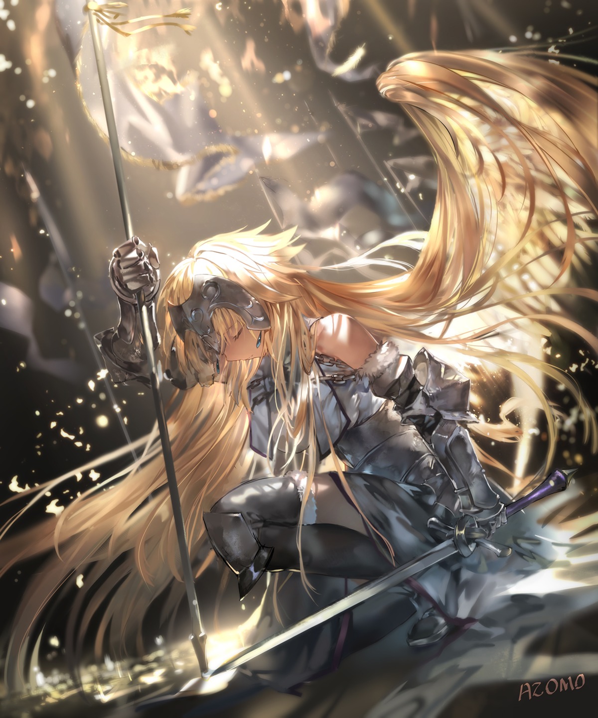 armor, azomo, fate/grand_order, jeanne_d'arc, jeanne_d'arc_(fate), sword, thighhighs, wings