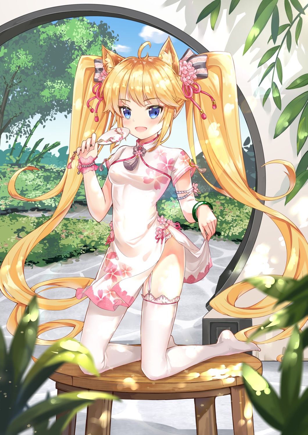 andrea_doria_(zhanjianshaonv), animal_ears, chinadress, pantsu, skirt_lift, stockings, thighhighs, tucaoxingren_youyou, zhanjianshaonv