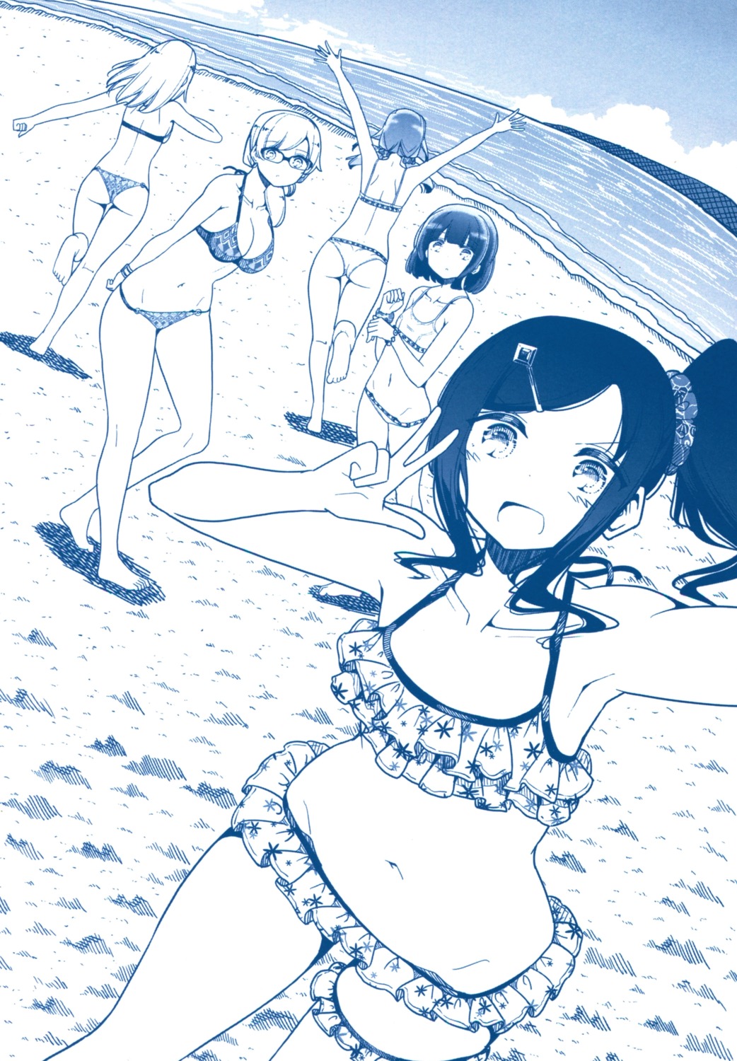 ass, bikini, cleavage, garter, harukana_receive, higa_kanata, megane, monochrome
