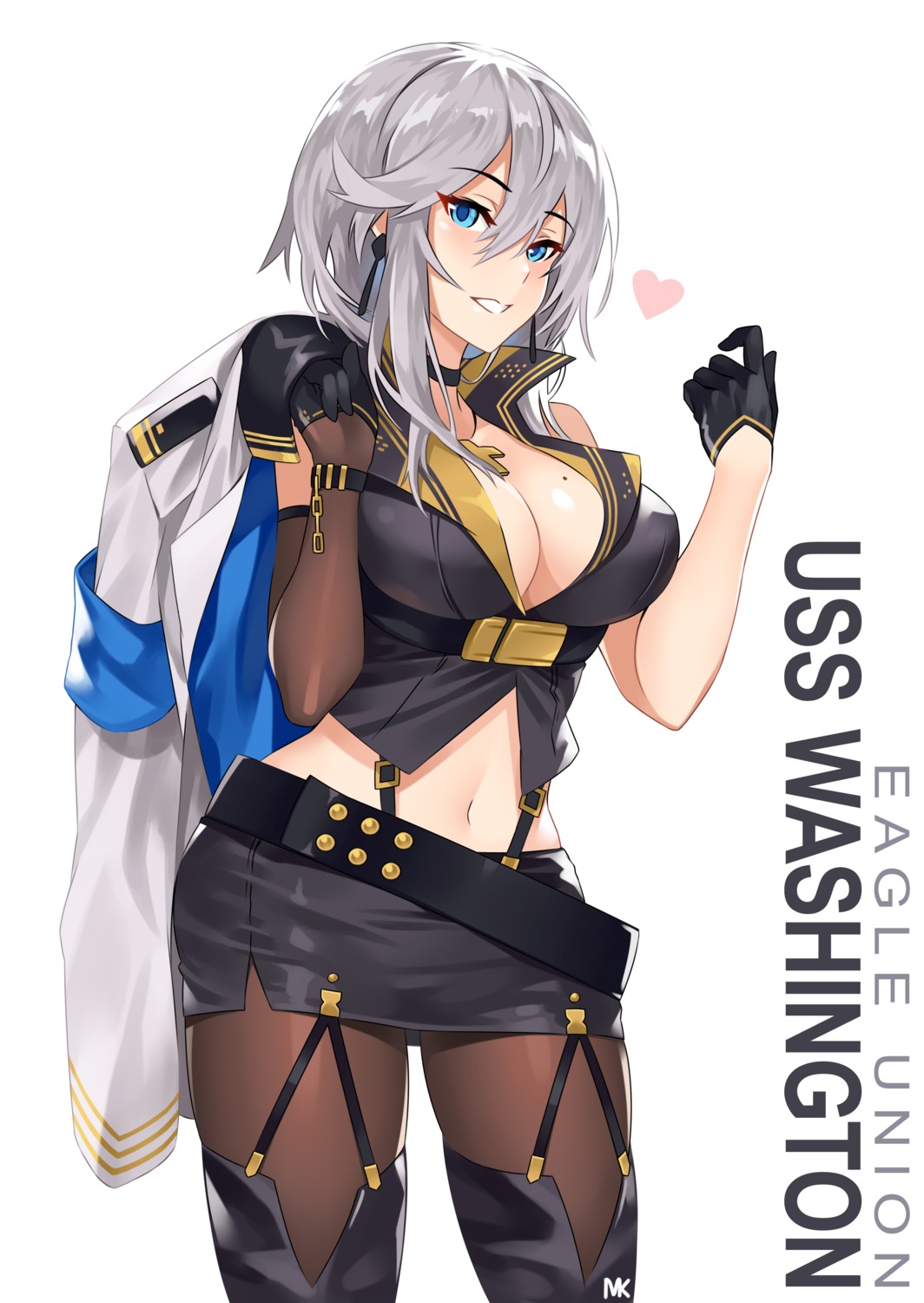 azur_lane, cleavage, mk_(lazymk), no_bra, open_shirt, pantyhose, stockings, thighhighs, uniform, washington_(azur_lane)
