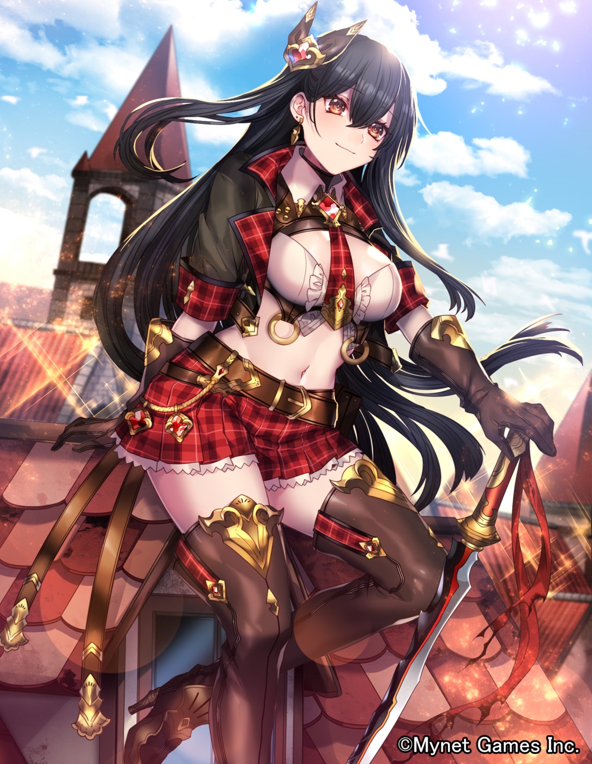 cleavage, gyakushuu_no_fantasica, heels, katagiri_hachigou, sword, thighhighs