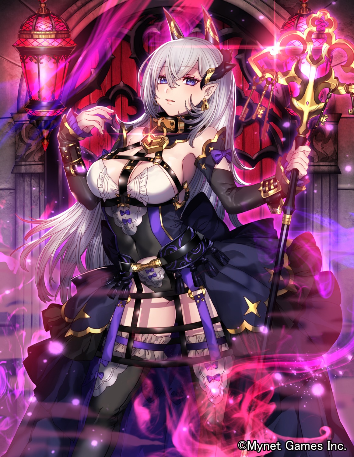 cleavage, gyakushuu_no_fantasica, horns, katagiri_hachigou, pantsu, pointy_ears, thighhighs, weapon