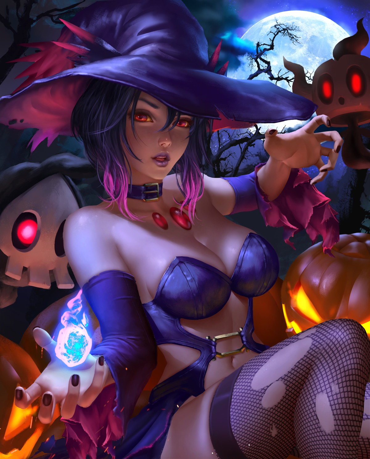 anthropomorphization, cleavage, dress, duskull, fishnets, halloween, logan_cure, mismagius
