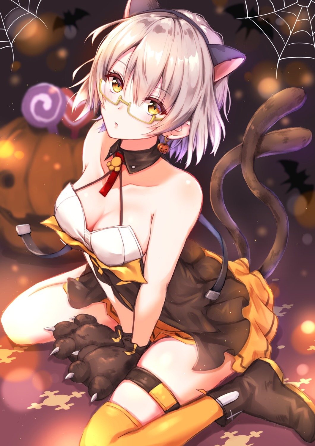 animal_ears, cleavage, garter, girls_frontline, halloween, megane, nekomimi, tail, thighhighs, toki_(toki_ship8), vector_(girls_frontline)