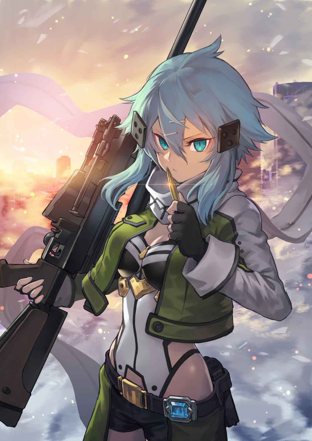 cleavage, gun, nakamura_eight, sinon, sword_art_online