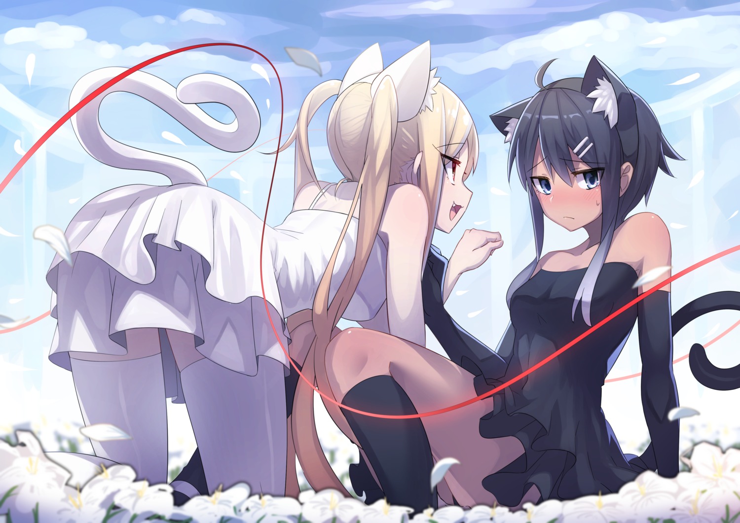 animal_ears, dress, kamonegi_(meisou1998), nekomimi, tail, thighhighs, yuri