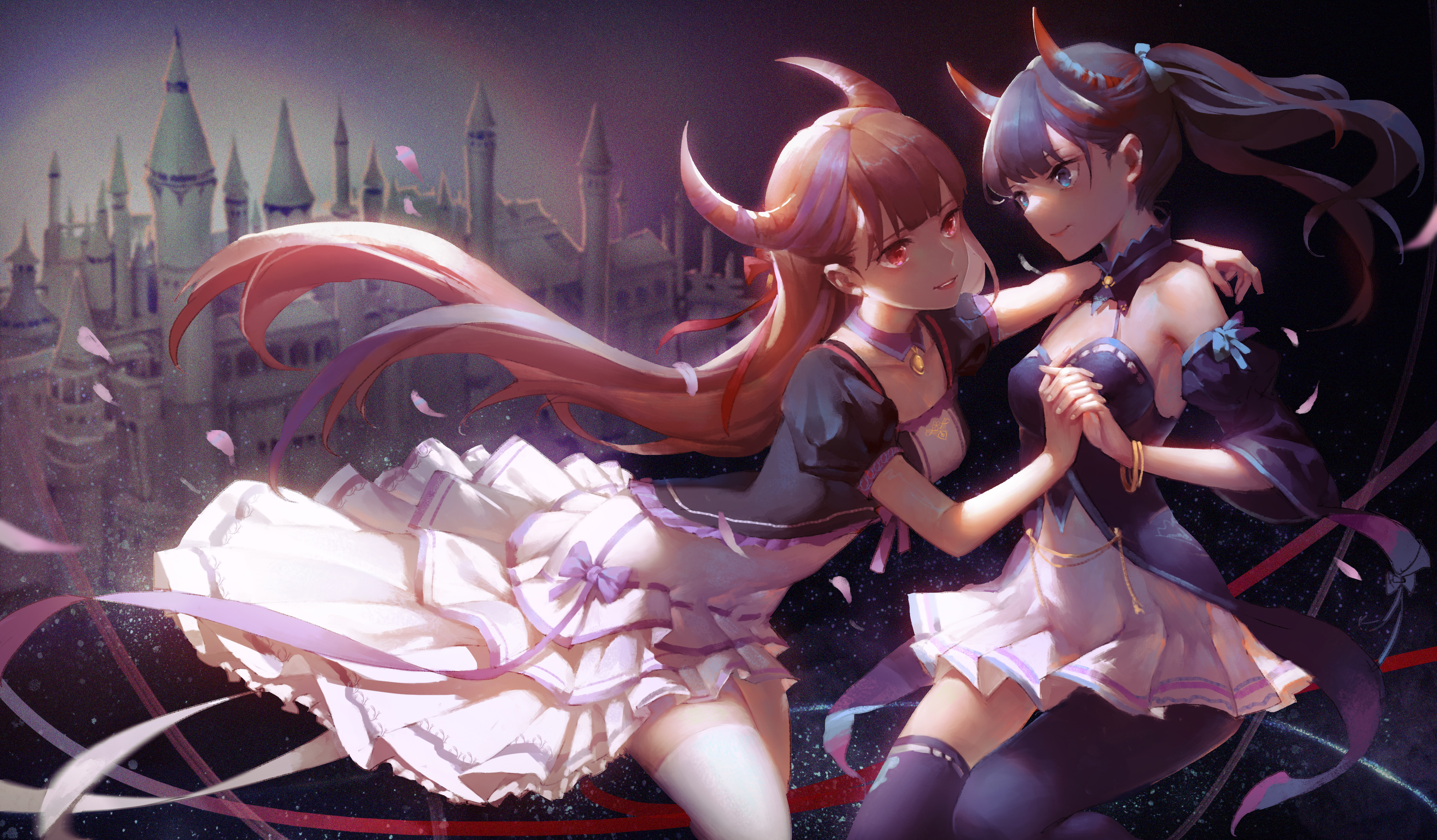 cleavage, dress, haru_(artist), horns, thighhighs