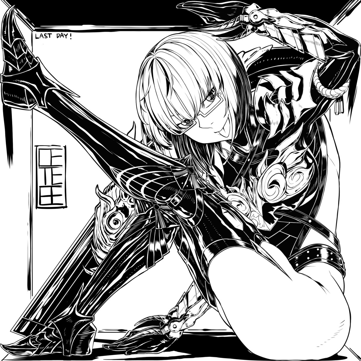 armor, cete_(controllingtime), heels, megane, monochrome, monster_hunter, monster_hunter_world, no_bra, otogaron, thighhighs