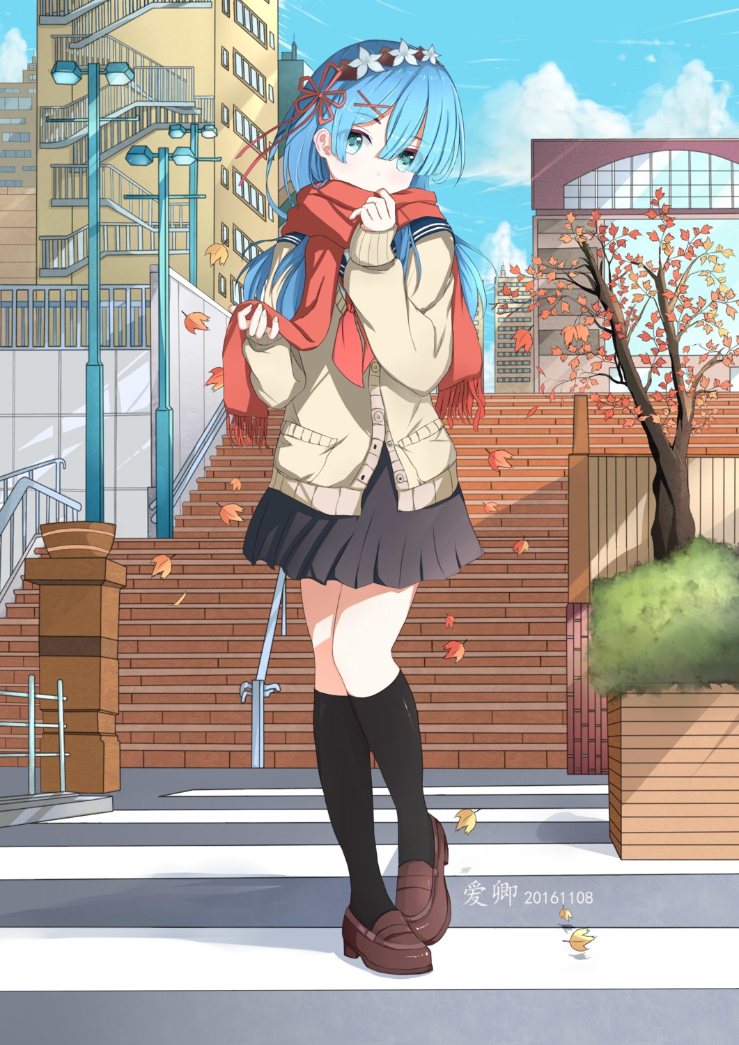 aiqing, re:zero_kara_hajimeru_isekai_seikatsu, rem_(re_zero), seifuku, sweater