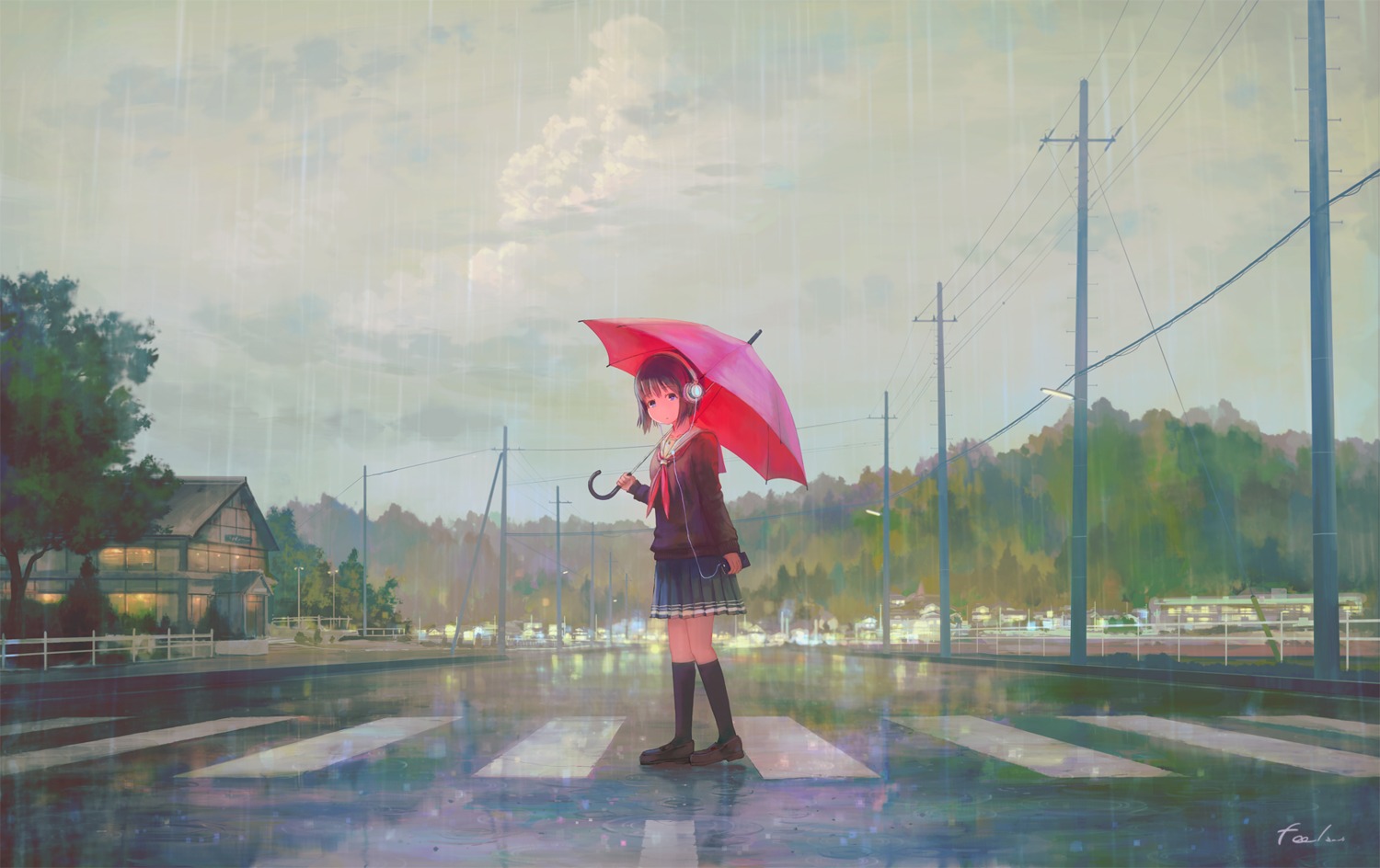 feel_(nasitaki), headphones, landscape, seifuku, sweater, umbrella