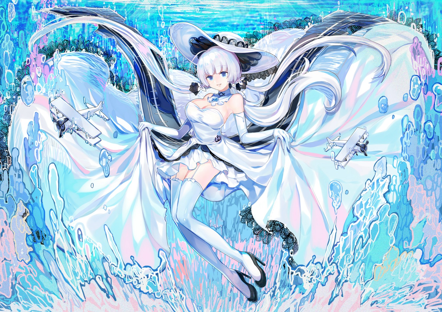 azur_lane, cleavage, dress, heels, illustrious_(azur_lane), skirt_lift, stockings, thighhighs