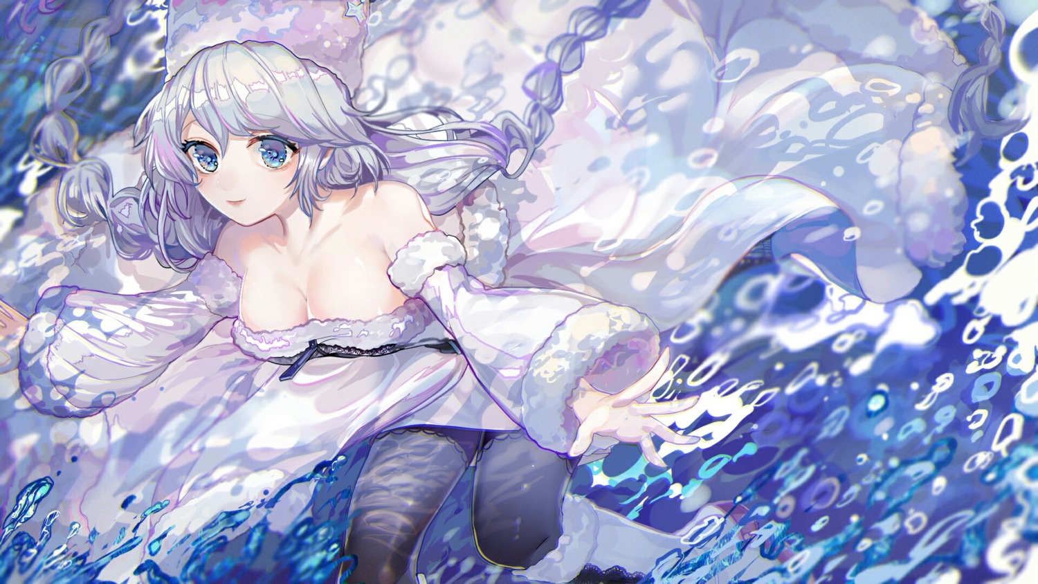 avrora_(azur_lane), azur_lane, cleavage, dress, heels, pantyhose, wallpaper, wu_se_bu_hui_(940164887)