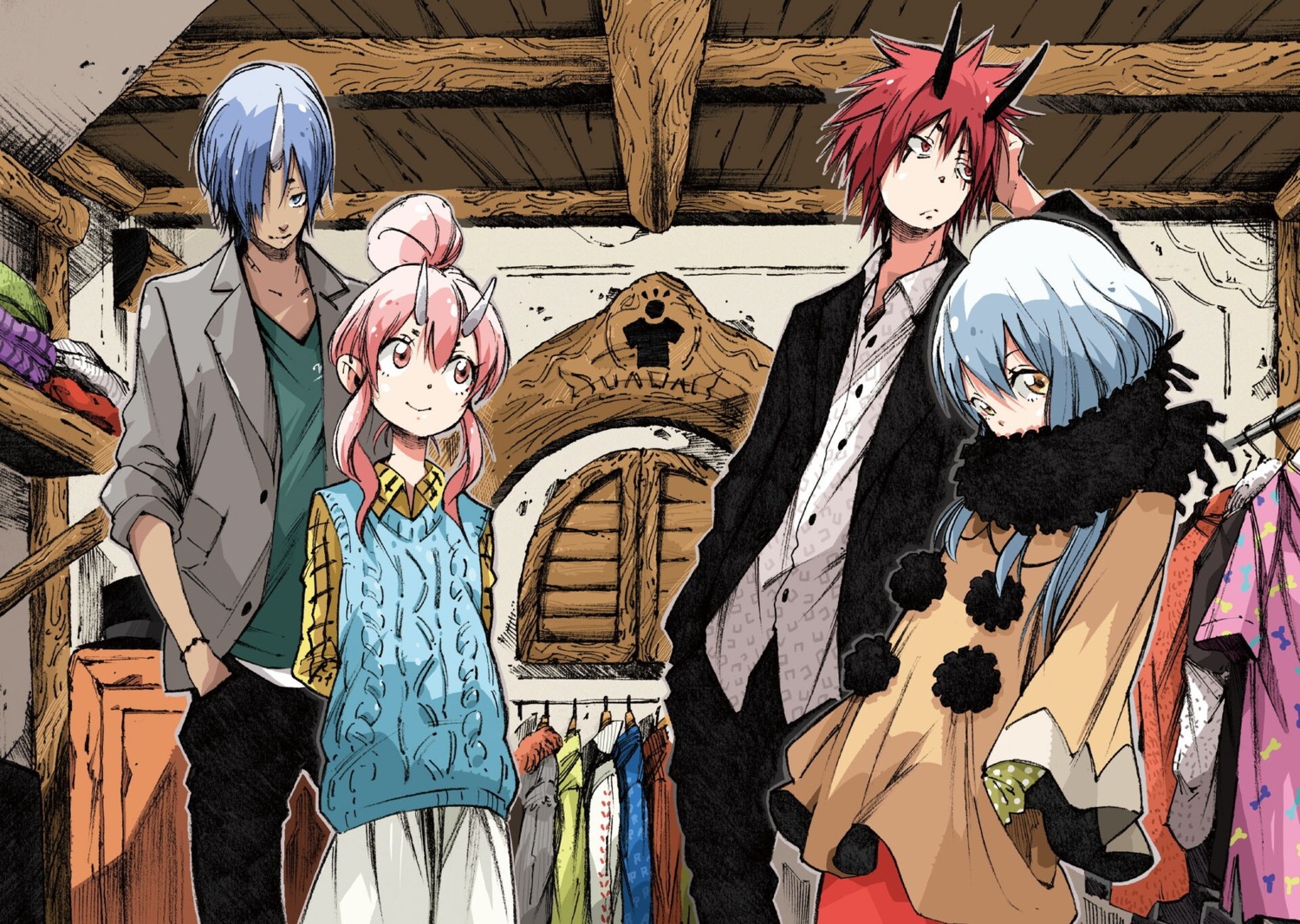 benimaru, horns, makkamu, rimuru_tempest, shuna_(tensura), souei, sweater, tensei_shitara_slime_datta_ken