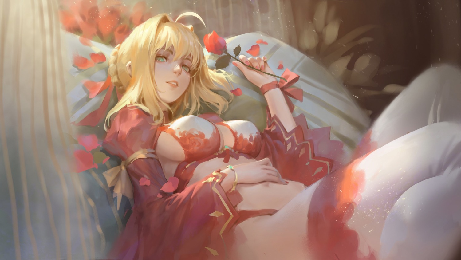 bra, cleavage, fate/extra, fate/stay_night, nero_claudius_(fate), pantsu, qmo_(chalsoma), thighhighs