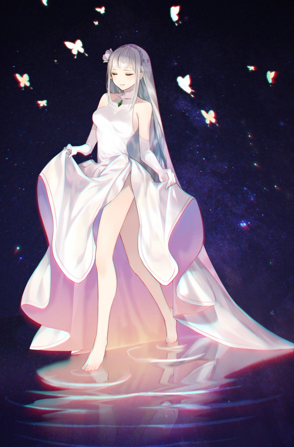 00suger001, dress, elf, emilia_(re_zero), pointy_ears, re:zero_kara_hajimeru_isekai_seikatsu, skirt_lift