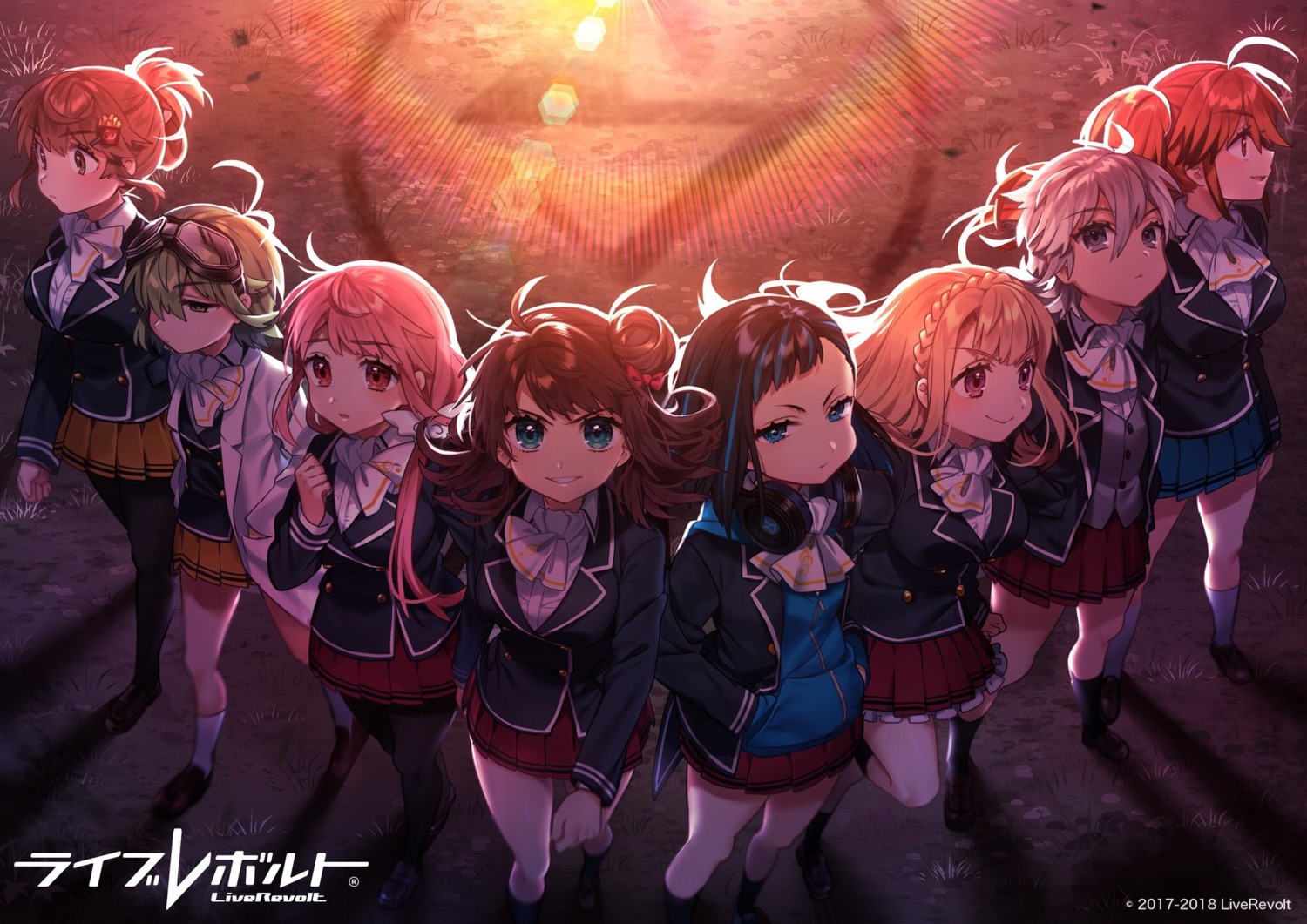 fujiwara_akane, headphones, hirai_kana, liverevolt, miyashiro_rina, noda_kokomi, pantyhose, seifuku