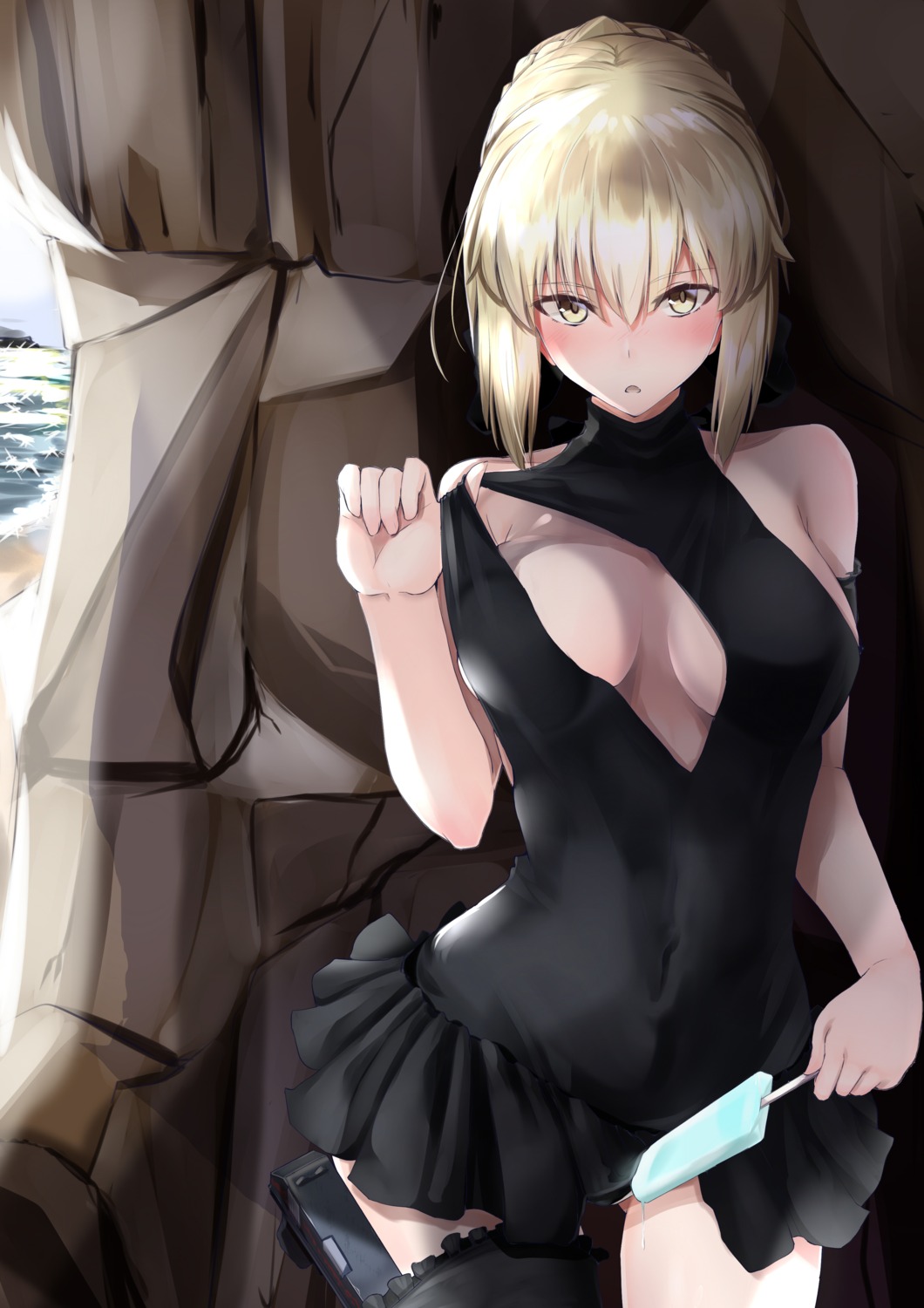 artoria_pendragon_(fate), artoria_pendragon_alter_(fate), fate/grand_order, gun, ninoude_(ninoude44), open_shirt, swimsuits, thighhighs