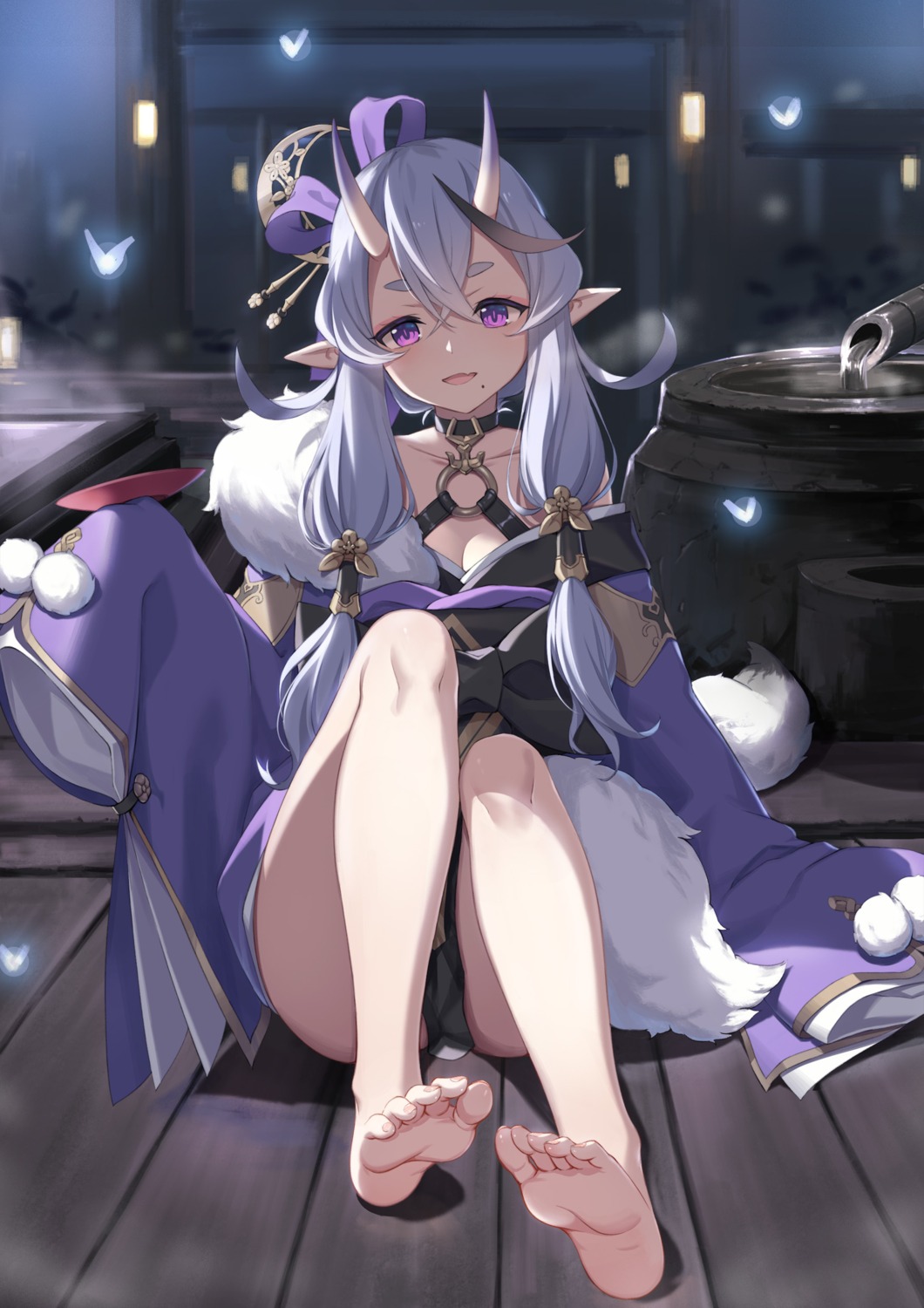 baseness, cleavage, feet, horns, japanese_clothes, nijisanji, nijisanji_seeds, pantsu, pointy_ears, rindou_mikoto