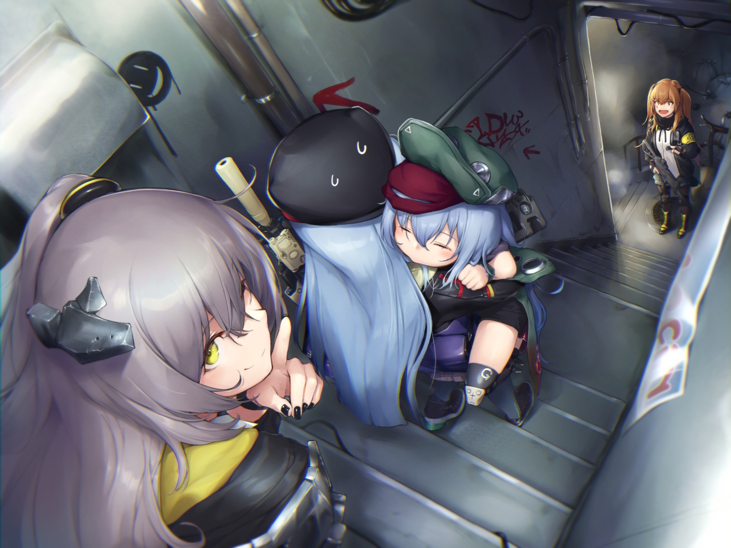 dabuki, g11_(girls_frontline), girls_frontline, gun, hk416_(girls_frontline), pantyhose, thighhighs, ump45_(girls_frontline), ump9_(girls_frontline), uniform
