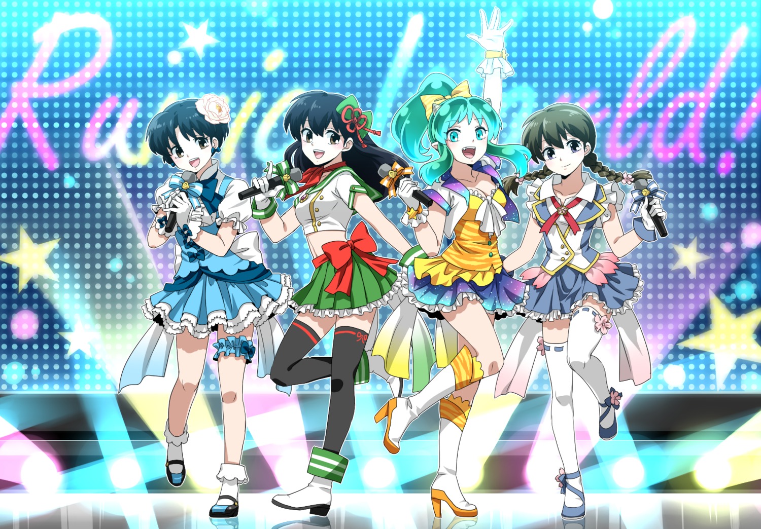 cleavage, crossover, garter, hatorion, heels, higurashi_kagome, inuyasha, kyoukai_no_rinne, lum, mamiya_sakura, ranma_½, seifuku, tendou_akane, thighhighs, urusei_yatsura