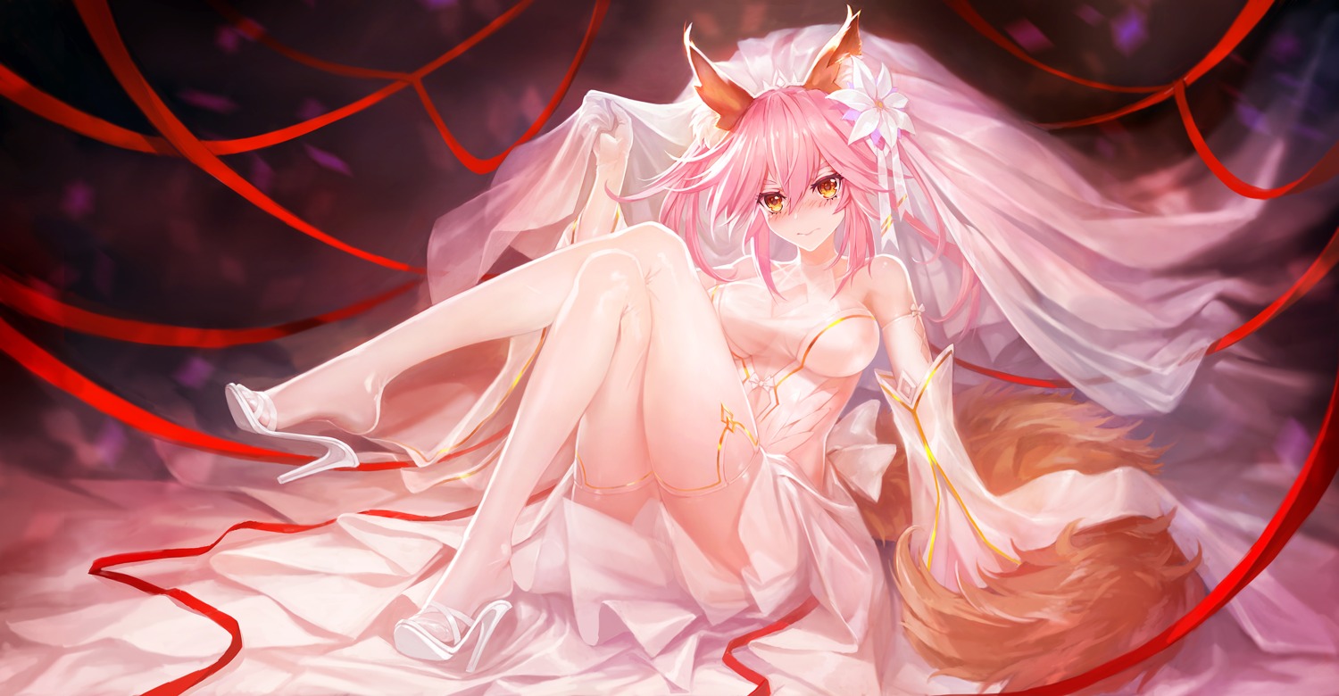 animal_ears, fate/grand_order, heels, no_bra, see_through, tail, tamamo_no_mae, zhuore_zhi_hen