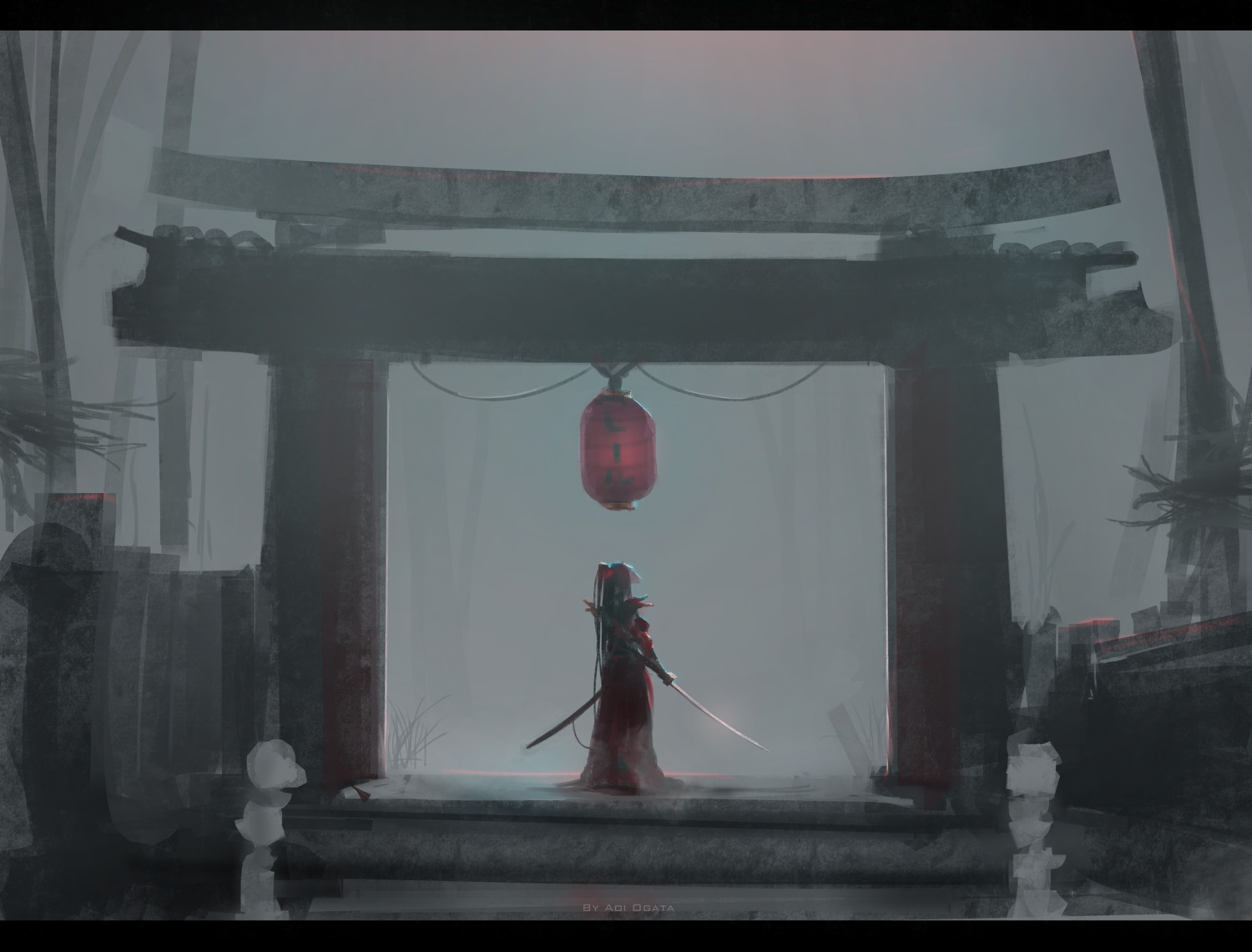 aoi_ogata, armor, japanese_clothes, landscape, sword