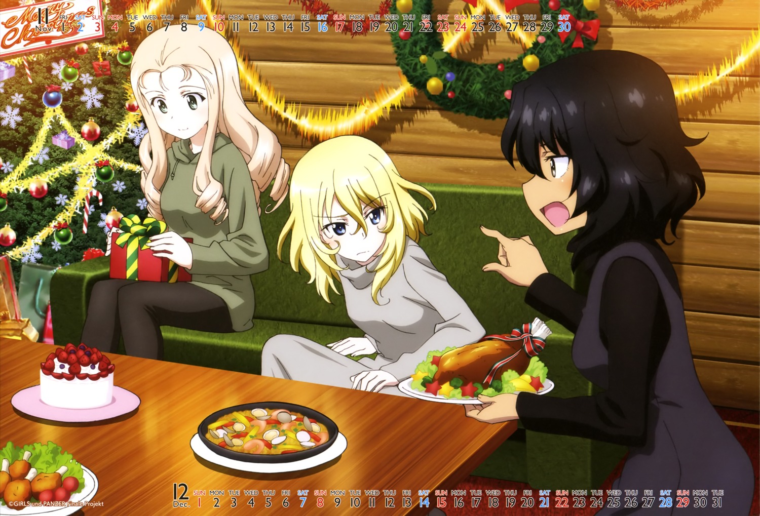 andou_rena, calendar, christmas, dress, girls_und_panzer, marie_(girls_und_panzer), oshida_ruka, pantyhose