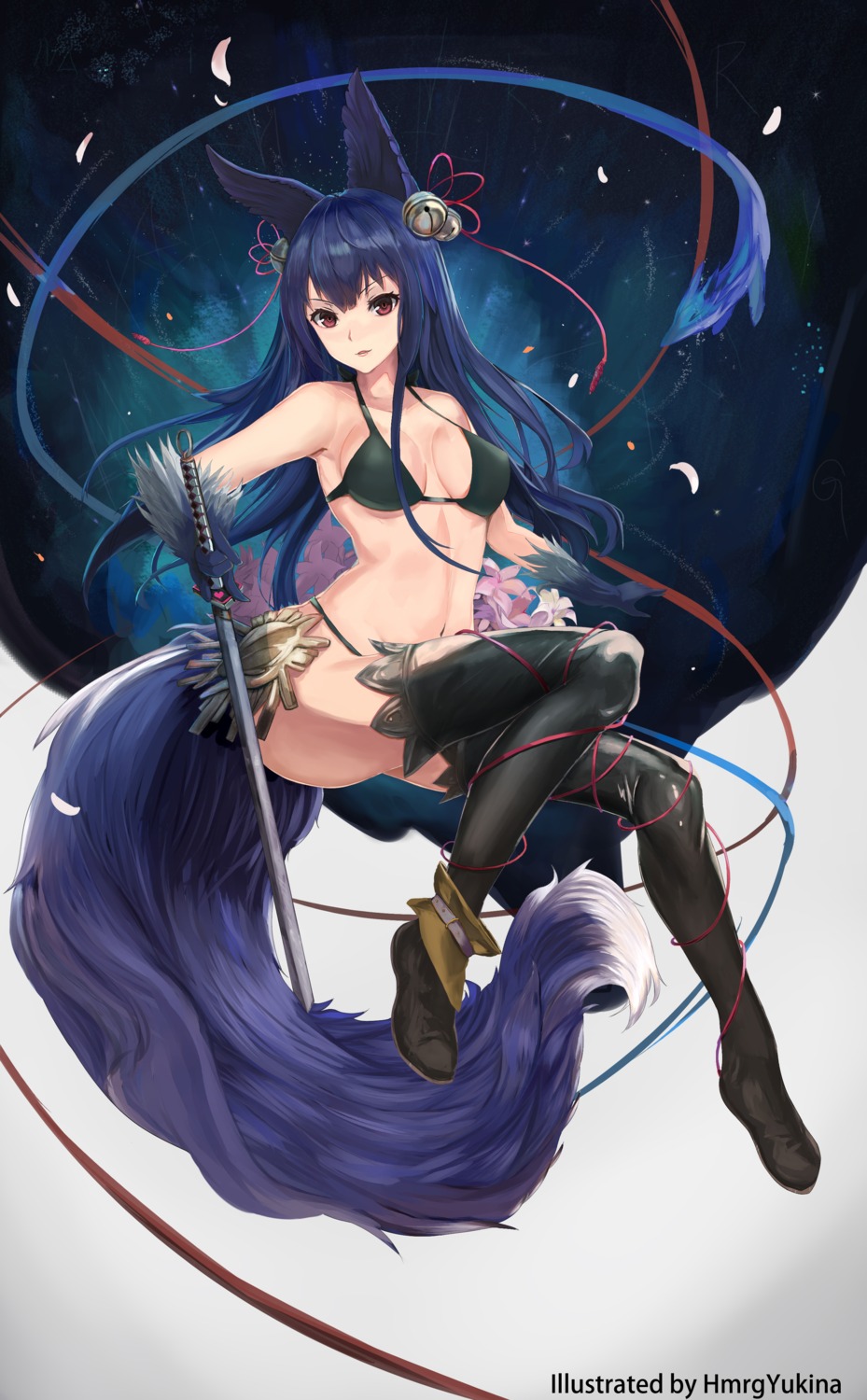 animal_ears, bikini, granblue_fantasy, hmrgyukina, swimsuits, sword, tail, thighhighs, yuel_(granblue_fantasy)