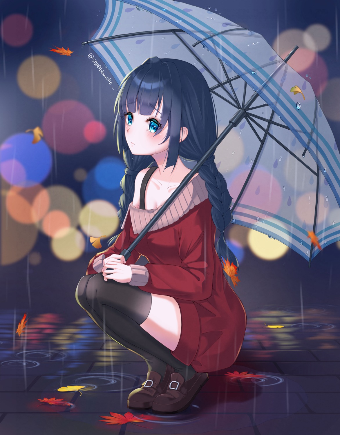 sarablanche, sweater, thighhighs, umbrella