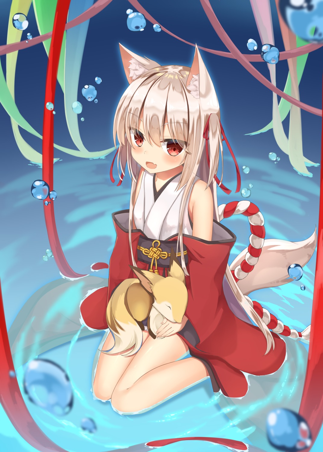 animal_ears, aroma0501, japanese_clothes, kitsune, tail, wet